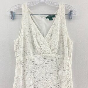 Lauren Ralph Lauren White Lace Surplice Sleeveless Sheath Dress‎ Ruched Size 8
